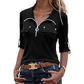 Bulotus 3/4 Length Sleeve Womens Tops Zipper Long Loose Tunics with Leggings Crew Neck Business Casual Dressy Blouses
