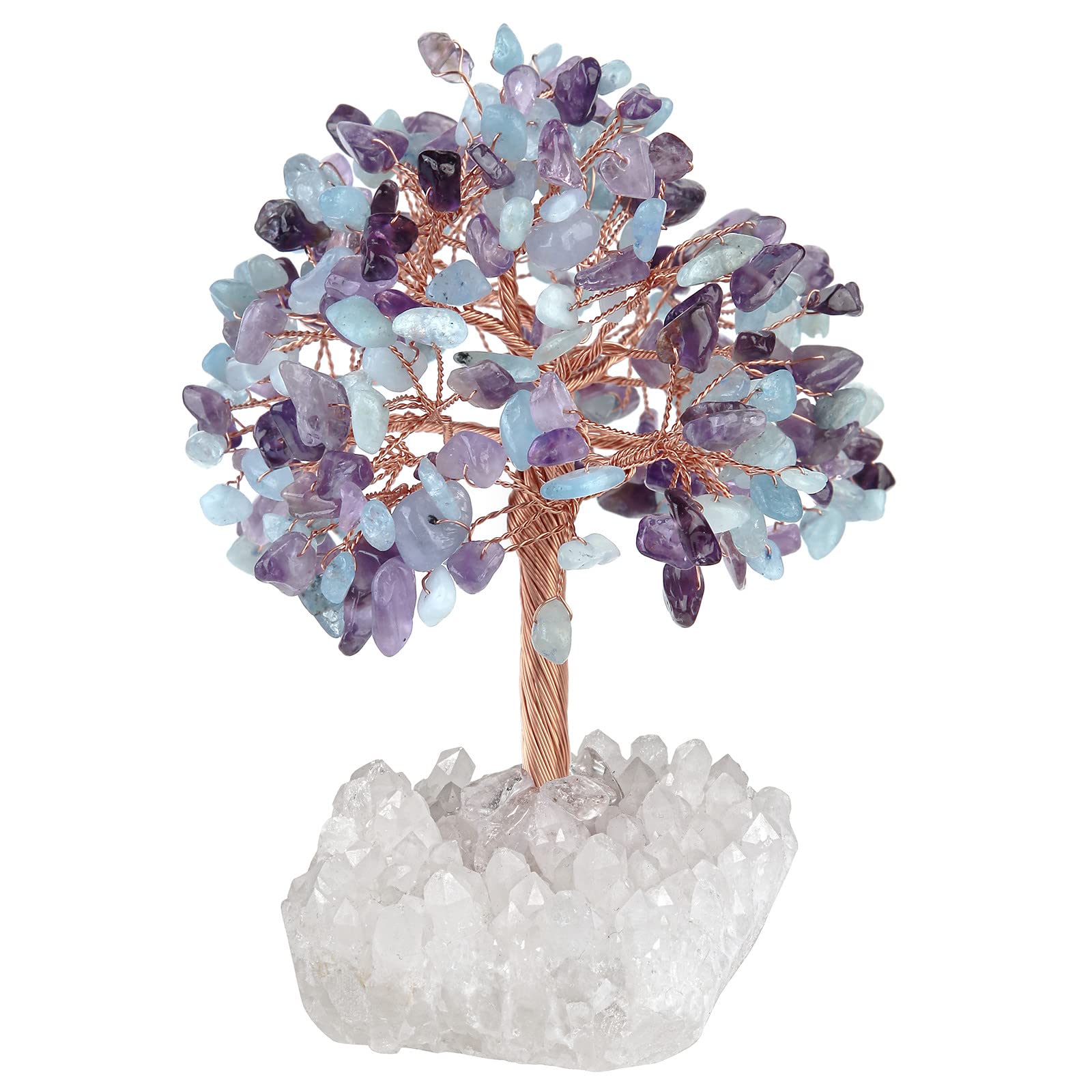 mookaitedecor Natural Amethyst Aquamarine Crystal Tree of Life Ornament for Home, Reiki Healing Crystal Money Tree Stone Bonsai Tree with Clear Quartz Base Feng Shui Ornament Gift for Wealth Luck
