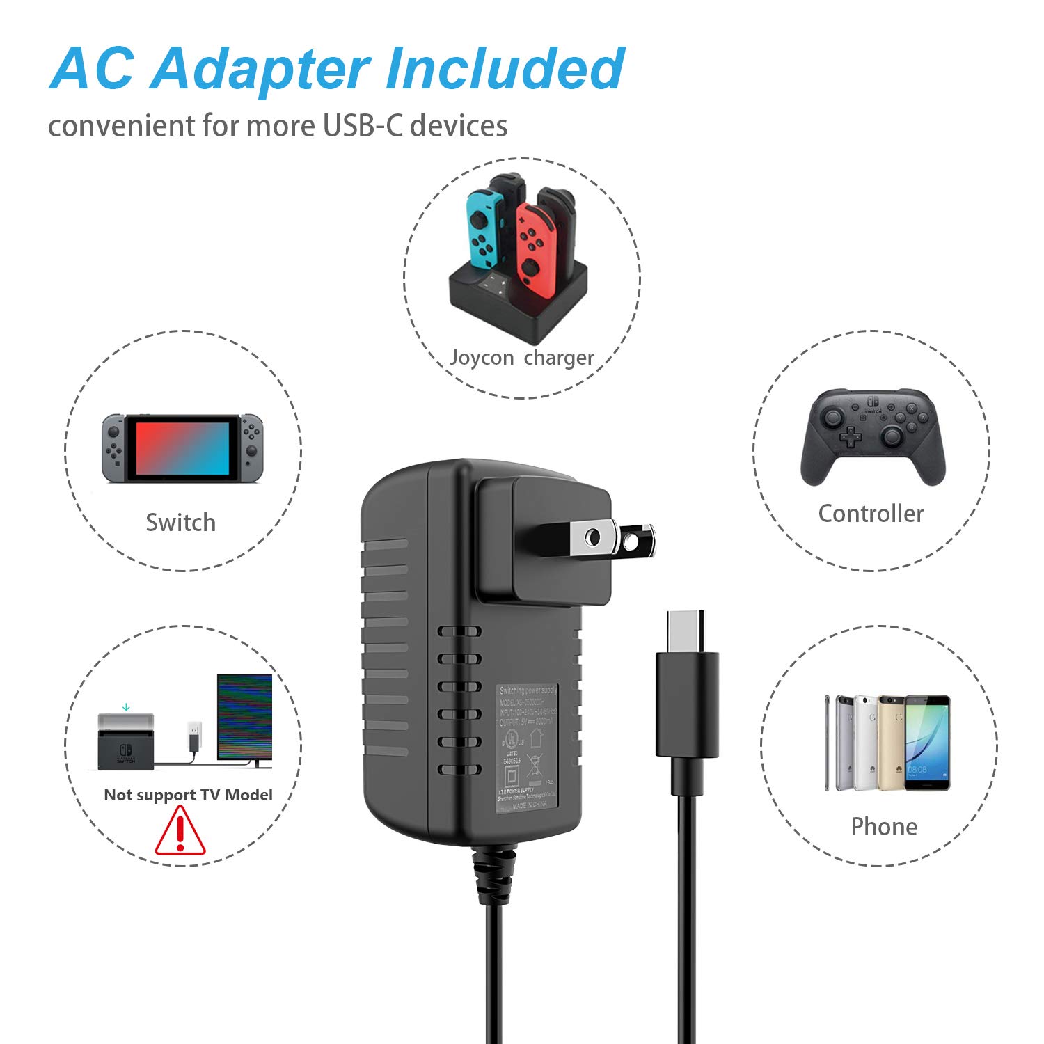 YCCSKY Joy-Con Charging Dock for Nintendo Switch, 5 in 1 Fast Charger Dock Stand Station with AC Adapter and LED Indication for Nintendo Switch - 5FT Type C Cable Included