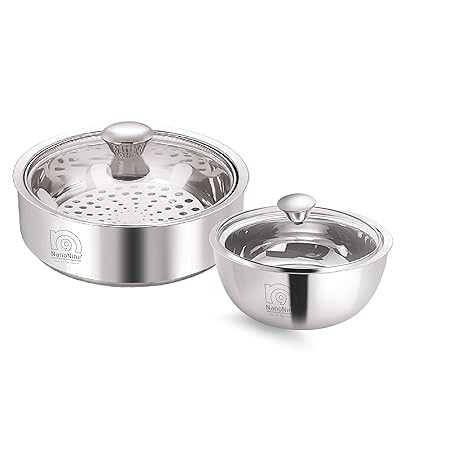 NanoNine Meal Serve Combo Double Wall Insulated Stainless Steel Serve Fresh Casserole with Glass Lid, 800 ml + 500 ml, Set of 2