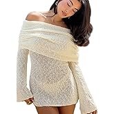 Women's Sexy Off Shoulder Knit Sweater Mini Dress Long Sleeve Mesh Sheer Bodycon Dresses for Party Club