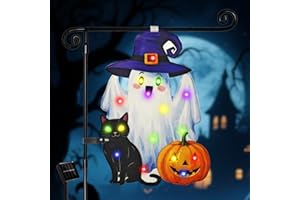AMADECOHOME Lighted Shaped Halloween Garden Flags, 8 Modes Double-Sided Cute Solar Halloween Decorations Outdoor LED Flag, Yard Decorations for Patio Lawn Home Door Porch (Ghost Multicolor, 12x18)