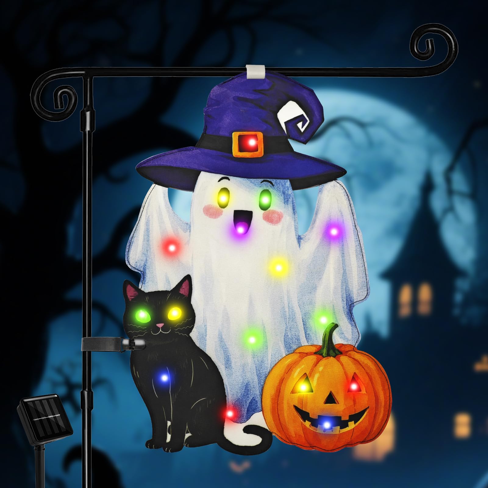 Photo 1 of Lighted Shaped Halloween Garden Flags, 8 Modes Double-Sided Cute Solar Halloween Decorations Outdoor LED Flag, Yard Decorations for Patio Lawn Home Door Porch (Ghost Multicolor, 12x18)