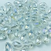 Honkoolly 50pcs 10x15mm Teardrop Crystal Glass Beads Vertical Hole Faceted Glass Teardrop Spacer Beads for Bracelets Necklace Earring DIY Jewelry Making Craft(Transparent AB)