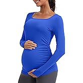 MathCat Maternity Long Sleeve Shirt with Thumbleholes, Maternity Tops Squar Neck Side Ruched Pregnancy Yoga Casual Tee