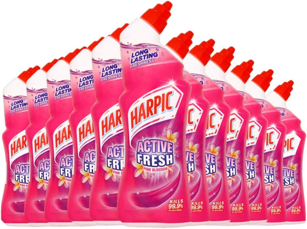 Harpic Active Fresh Toilet Cleaning Gel, Pink Blossom, 750ml (12 x 750ml, Total 9.0L), with Essential Oils, Anti-odour