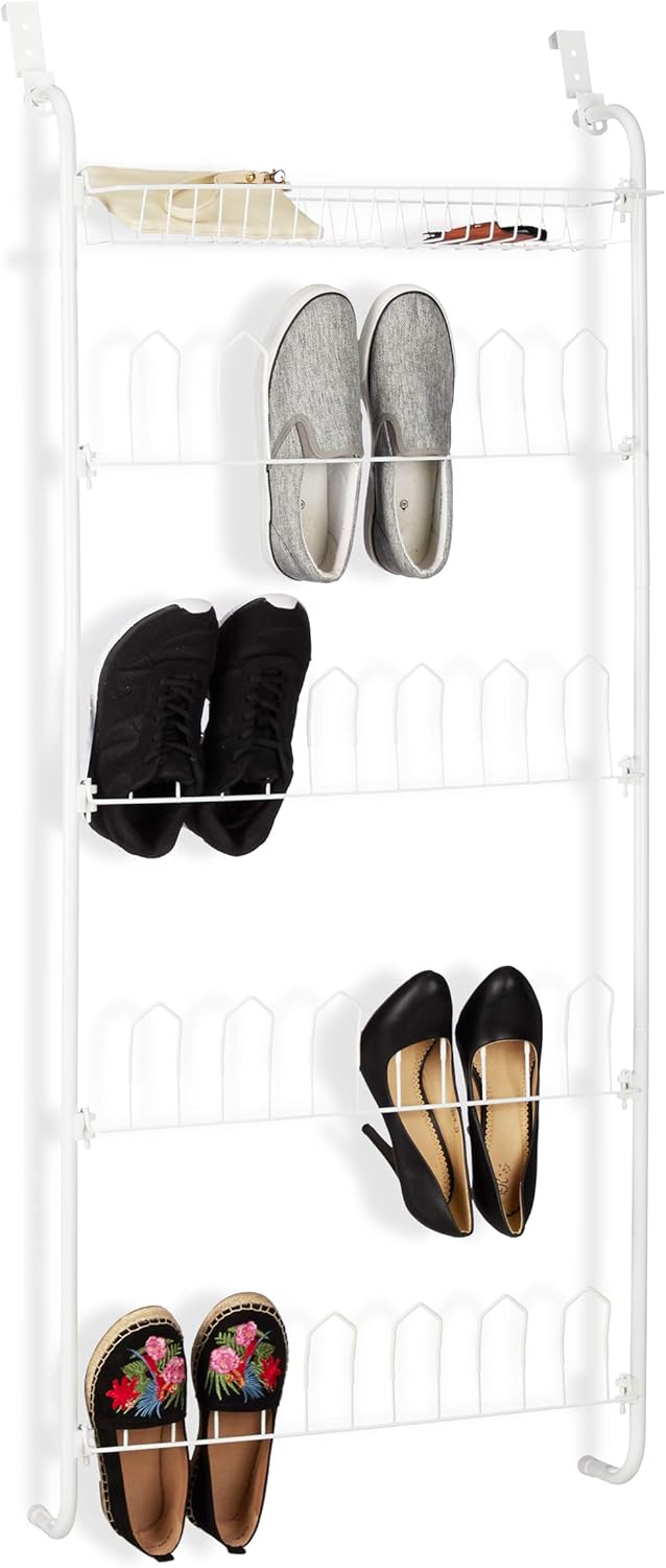Relaxdays Door Shoe Shelf, 12 works, Basket, Hanging 4-Tier Shoe Organiser, Iron, HWD: 144 x 60 x 19 cm, White