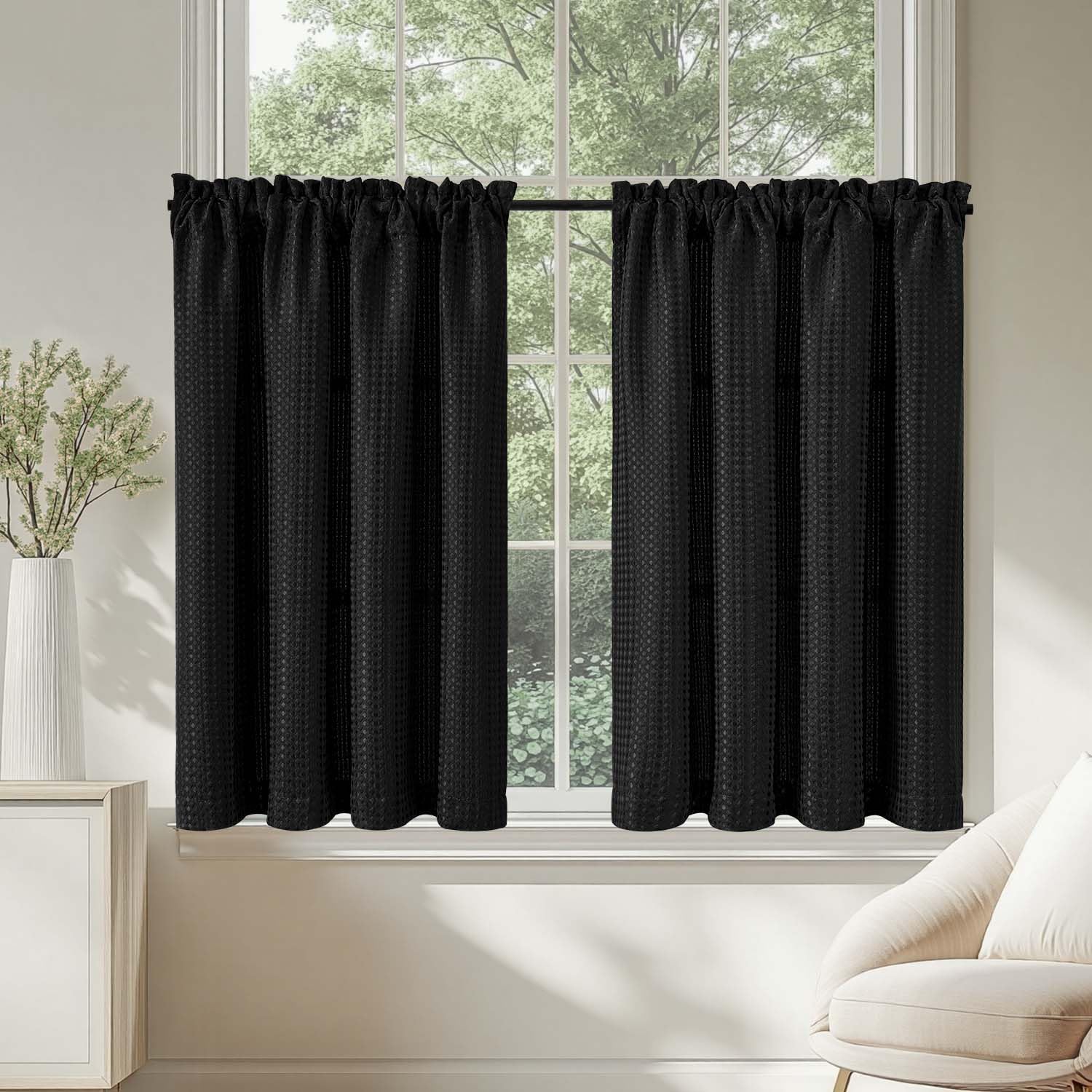 TOPICK Black Kitchen Curtains 36 Inch Drop Small Cafe Curtains Waffle Weave Textured Curtain Tiers for Bathroom Sink Laundry Half Window Rod Pocket 2 Panels