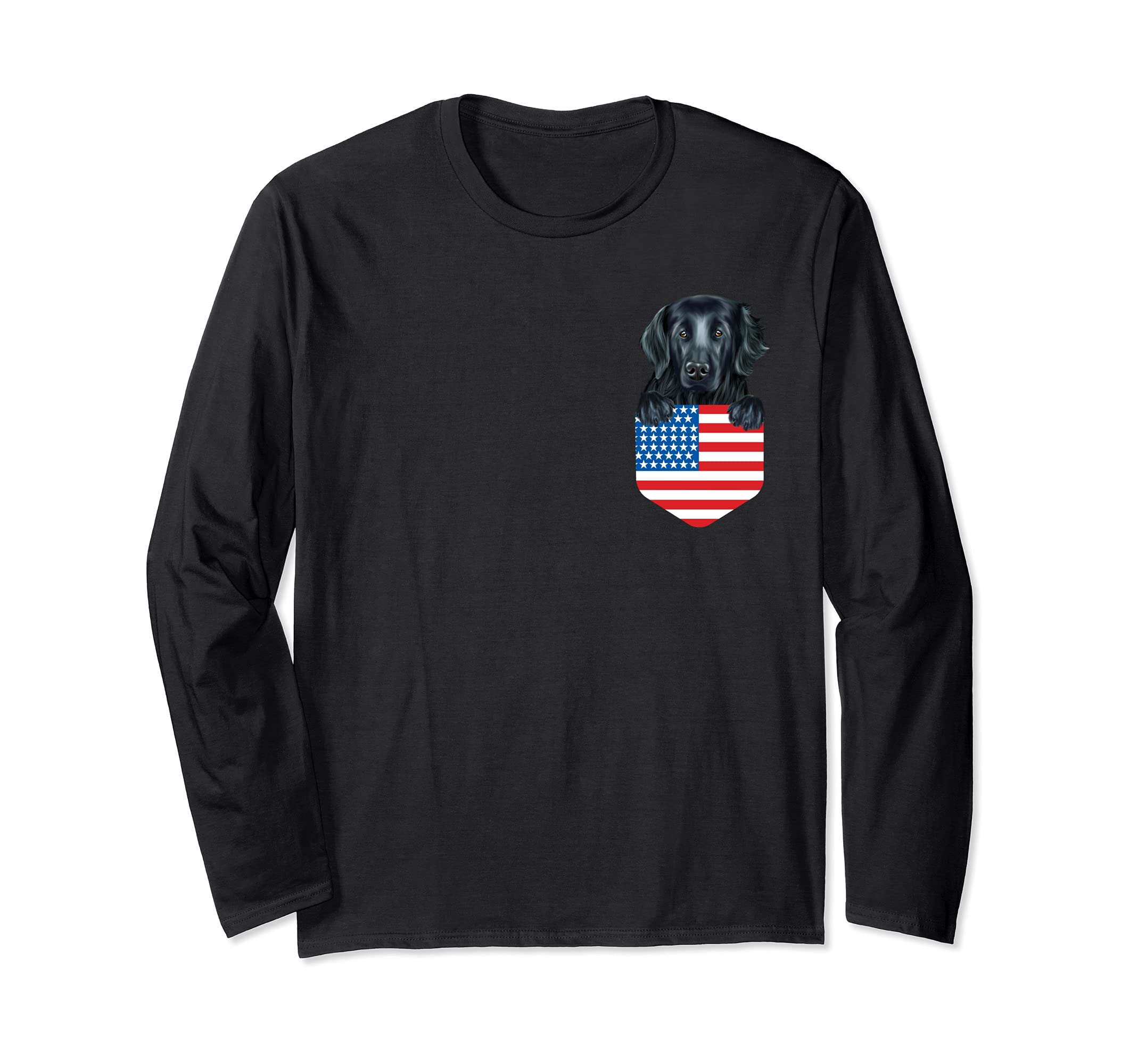 America Flag Flat-Coated Retriever Dog In Pocket Long Sleeve T-Shirt
