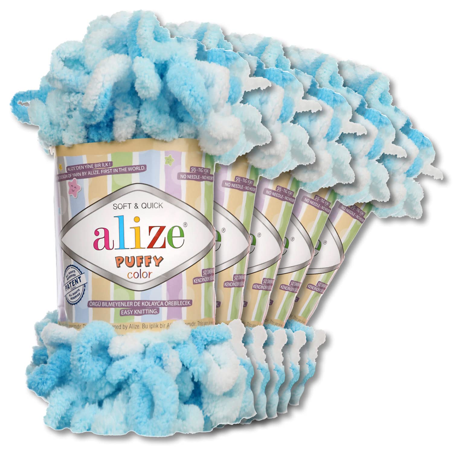 Wohnkult Alize Puffy Colour Premium Wool 5 x 100 g 26 Colour Combinations Chenille Handmade Knitting and Crochet without Tools Smart Yarn (5924)