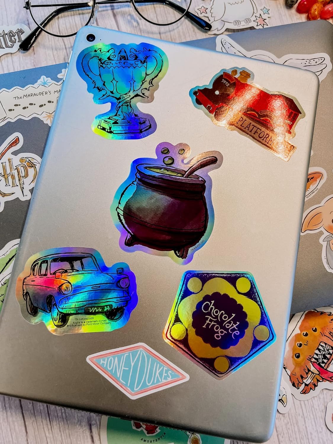 Conquest Journals Harry Potter Watercolor Vinyl Stickers, Set of Unique Sticker Decals, 5 Holograms, Waterproof, UV & Scratch Resistant, Great for Gadgets, Officially Licensed (White Vinyl, 60-Pack)