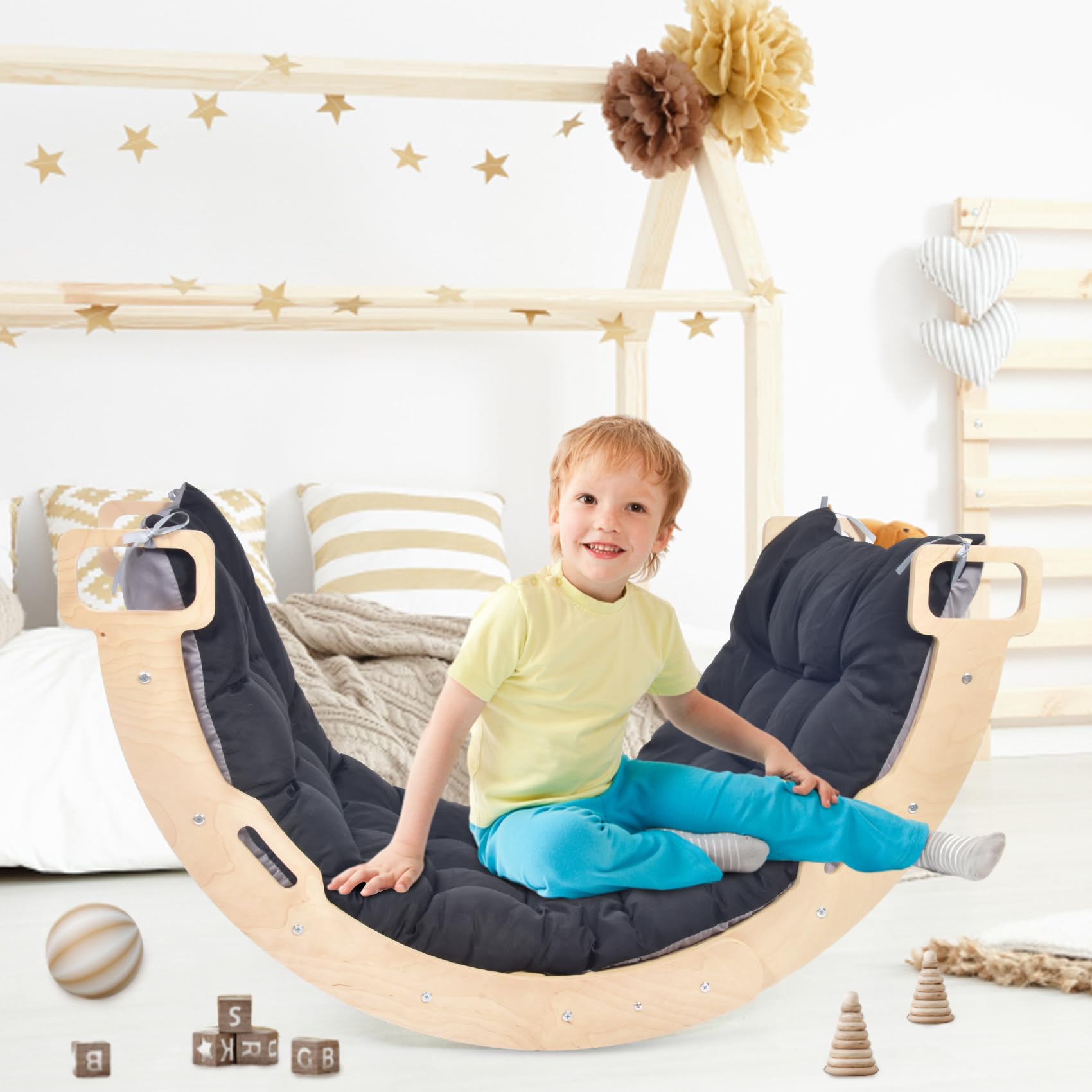 BIERUM Climbing Arch for Toddler - Montessori Arch Rocker Indoor, Wooden Climber Toys, Pikler Triangle Climber Arch Rocker with Two-Color Soft Cushion, Rainbow