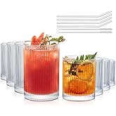 INSETLAN Set of 8 Ribbed Glassware - 4 Large Glasses 17 oz, 4 Rocks Glass Cups 10 oz, Vintage Glassware Cocktail Glasses, Ideal for Beer, Juice, Water, Ice Coffee Cup, Whiskey, Mixed Drinkware