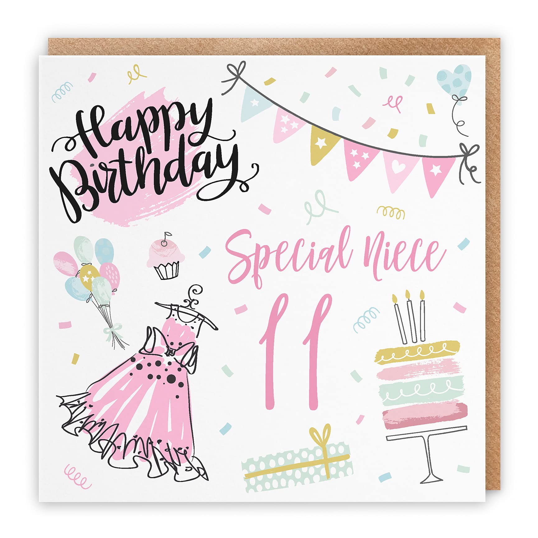 Hunts England - Large Niece 11th Birthday Card - Happy Birthday - Special Niece - 11 - Party Collection - Large - 210 x 210 mm - Fun Pretty Card - Age 11