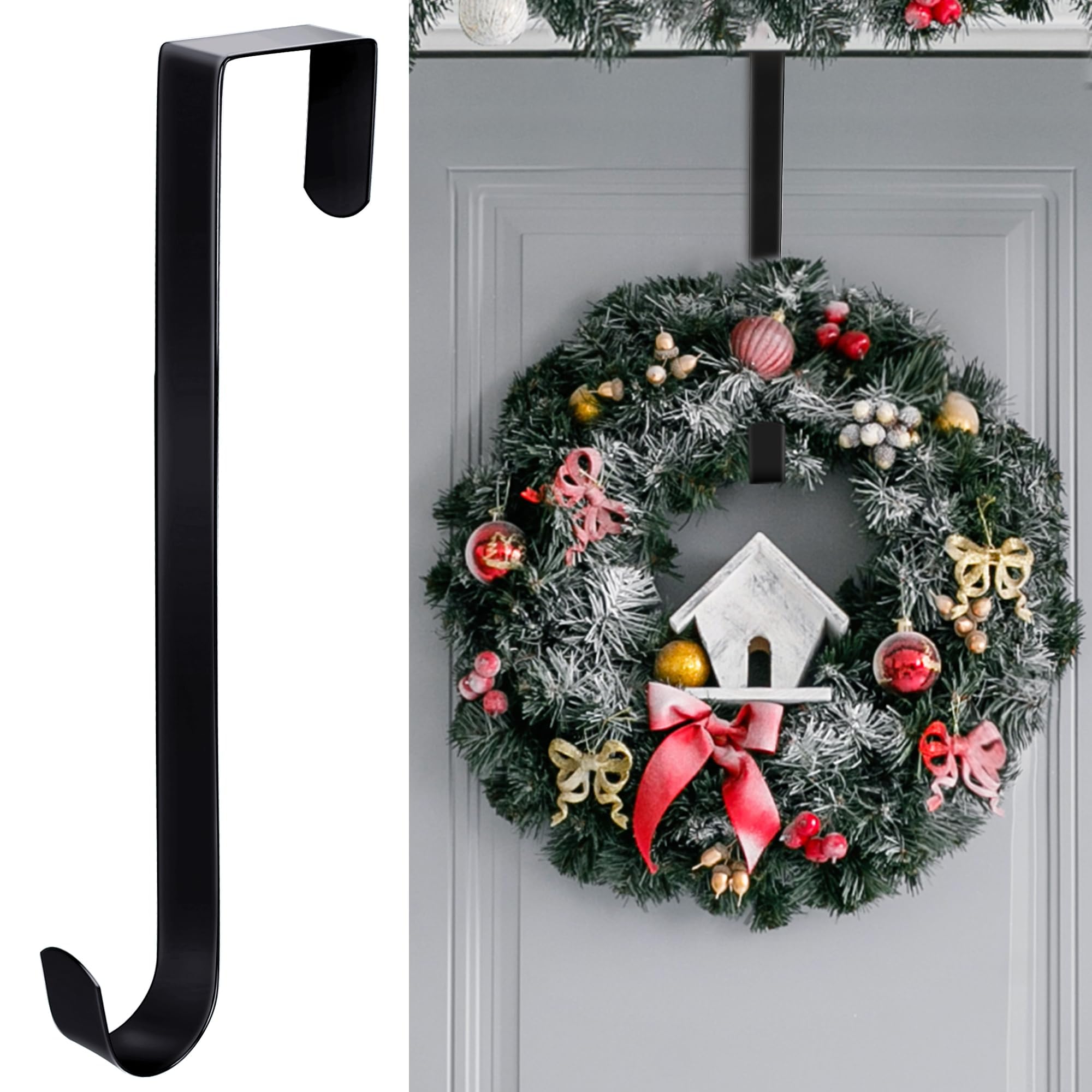 Aodaer 15 Inch Black Metal Wreath Hook Non-Slip Door Hanger for Christmas Holiday Home Decoration