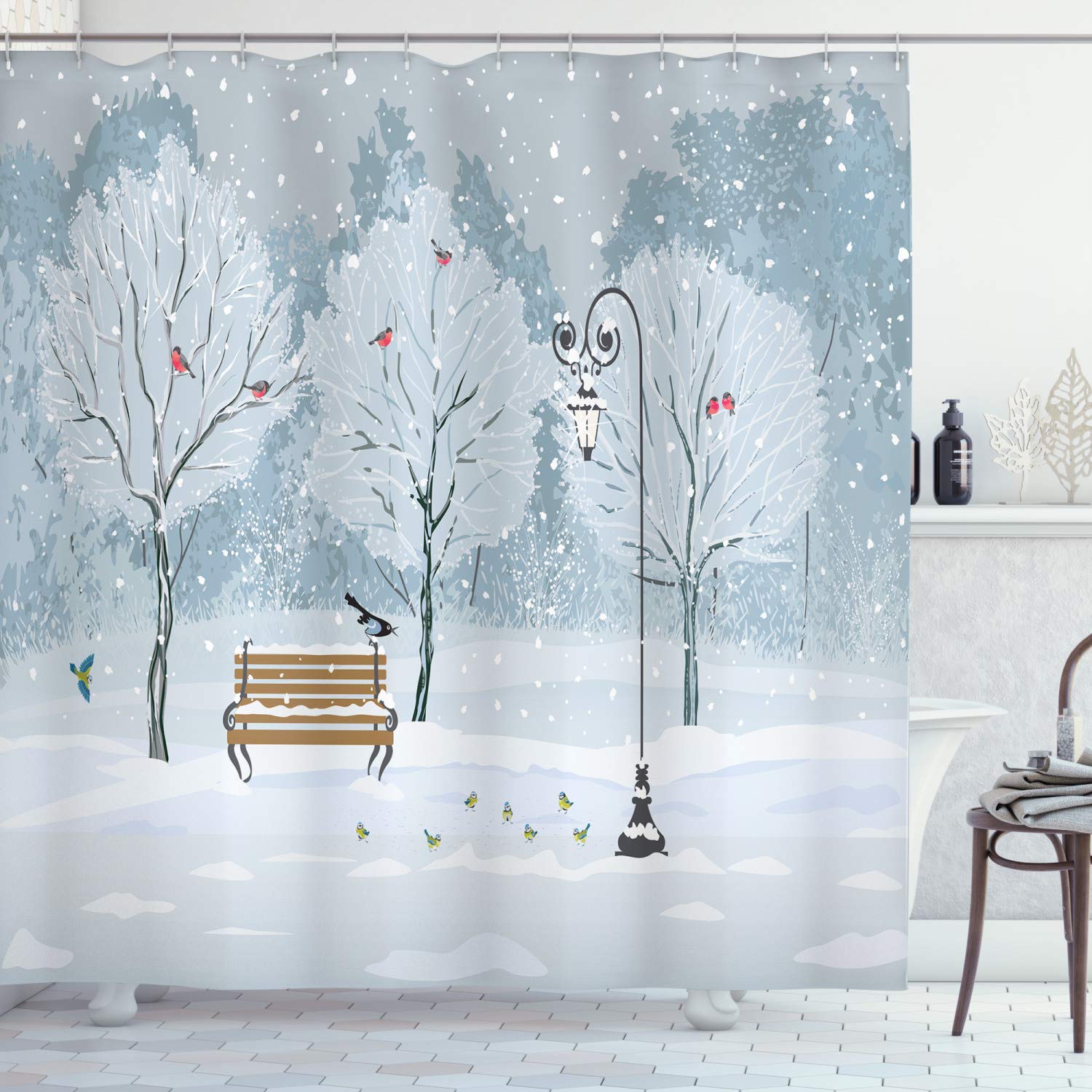 ABAKUHAUS Christmas Shower Curtain, Snow Falling in the Park on a Cold Winter Day Birds Lanterns Xmas Season Picture, Cloth Fabric Bathroom Decor Set with Hooks, 94 Inches, Blue White