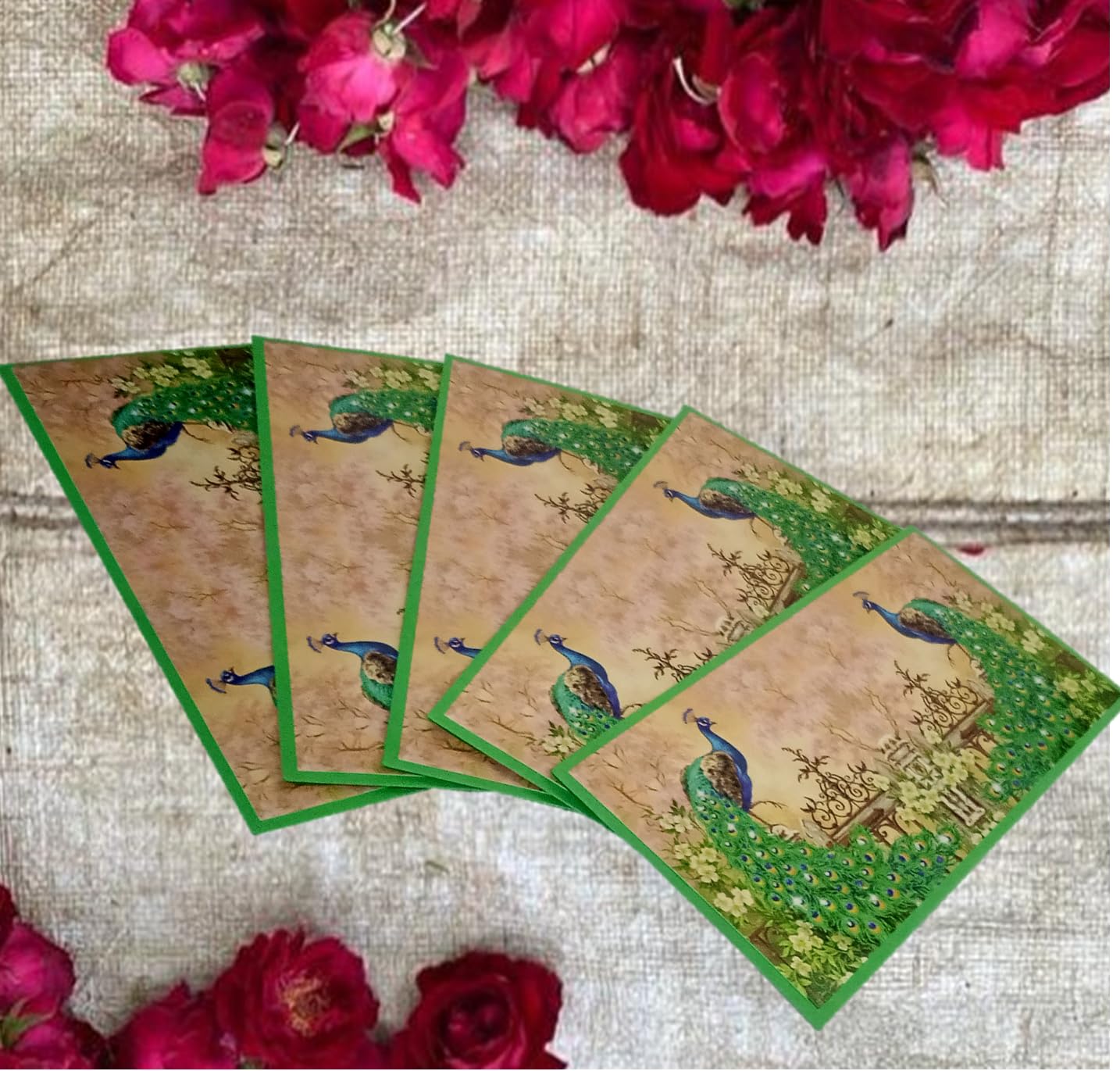 Purpledip Paper Envelopes Regal Peacocks: Pack of 5 for Letters Notes Wishes Cards (12439A)