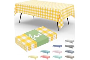 Smiry 3 Packs Gingham Disposable Tablecloths, 54 x 108 Inch Waterproof Plastic Table Cloth Rectangular, Yellow and White Chec