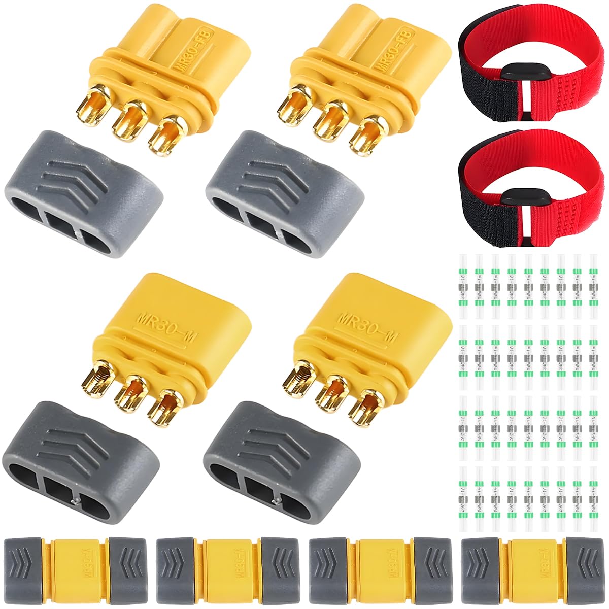 ZHUROUPU 6 Pairs MR30 Plug Male Female Connector 3 Pin Adapter with Sheath, for Amass MR30 Wireless Plug Female and Male Adapter for RC Lipo Battery Aircraft with Heat Shrink Tubing & Velcro Tape