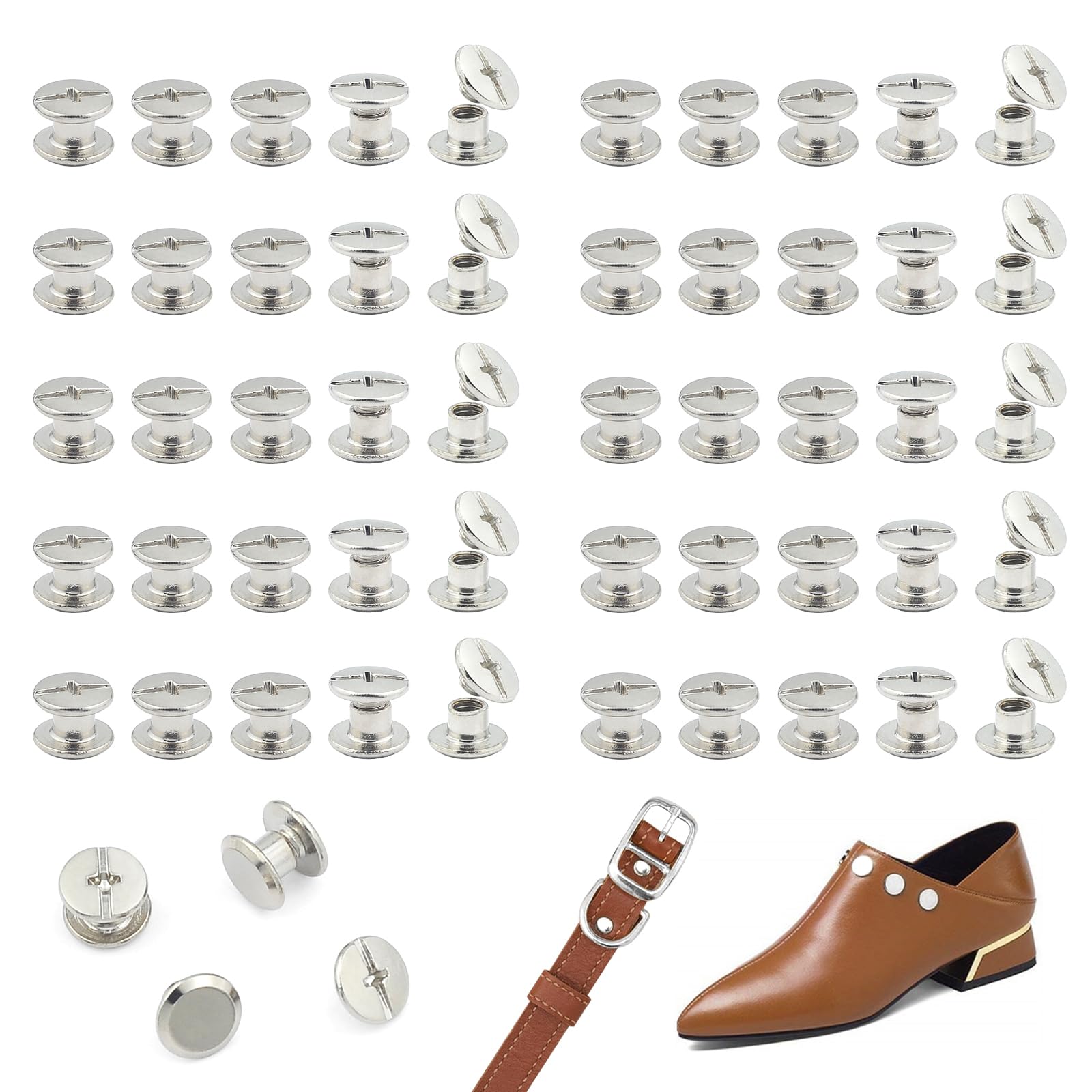 JJWNMLL 100 Sets Chicago Screw Posts M5*4mm, Rivet Chicago Binding Screws, Metal Rivet Replacement Repair for Bags, Collar, Harness, Luggage, Purse, Dog Lead, Backpack, Belt - Silvery