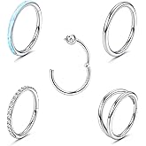 THUNARAZ 5Pcs 18G 16G Surgical Steel Nose Rings Hoop for Women CZ Opal Septum Hinged Clicker Segment Lip Rings Helix Cartilage Hoop Earring Rook Daith Seamless Body Piercing Rings for Women Men 8mm 10mm