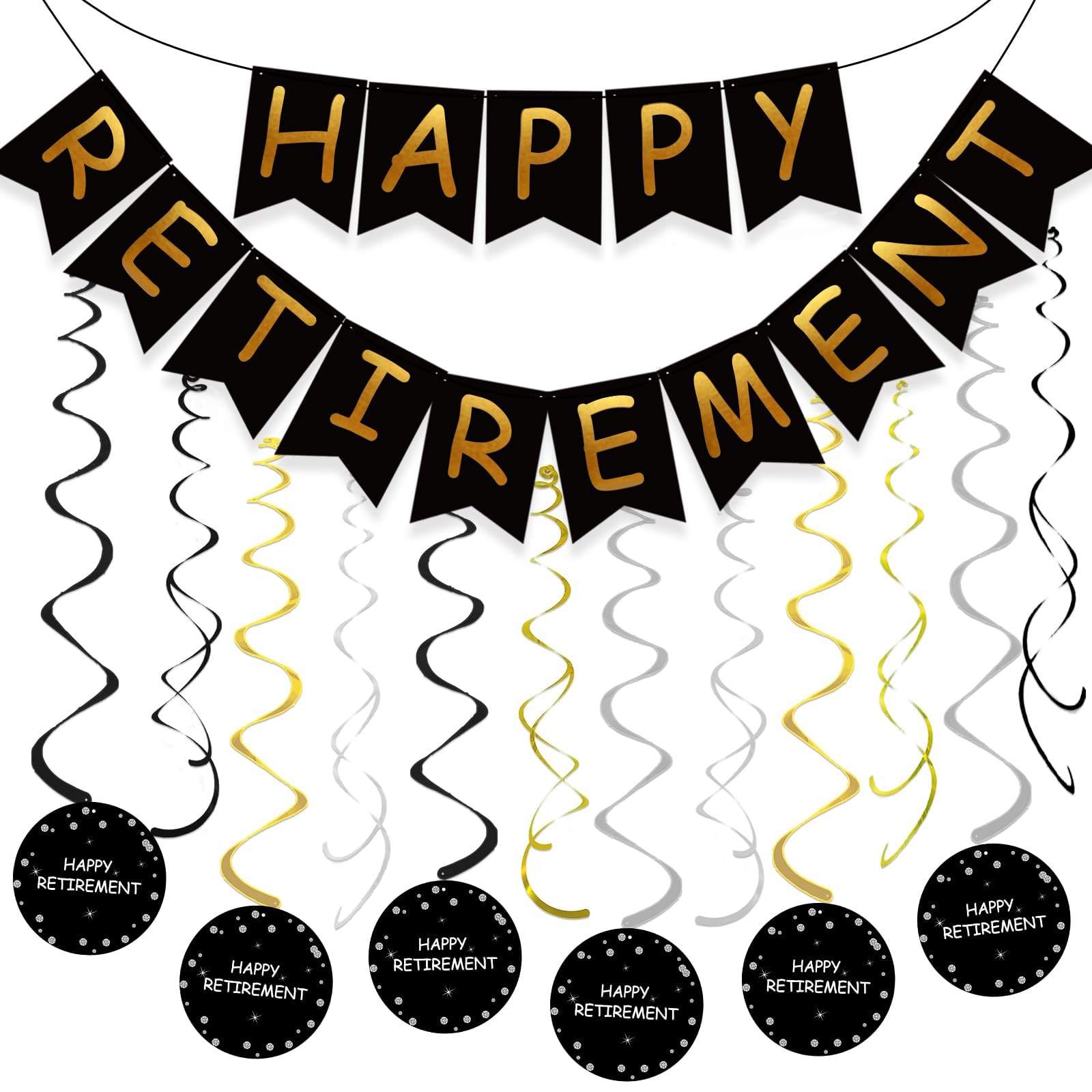 GuassLee Happy Retirement Banner and Happy Retirement Hanging Swirls for Retirement Party Decorations Kit Men and Women Black Gold Retirement Party Supplies