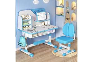 NEREIDS NET Kids Desk and Chair Set, Height Adjustable Child's School Study Writing Tables, Kids Desk with Bookstand and Storage Drawer, Widened Desktop with Desktop for Boys and Girls Blue