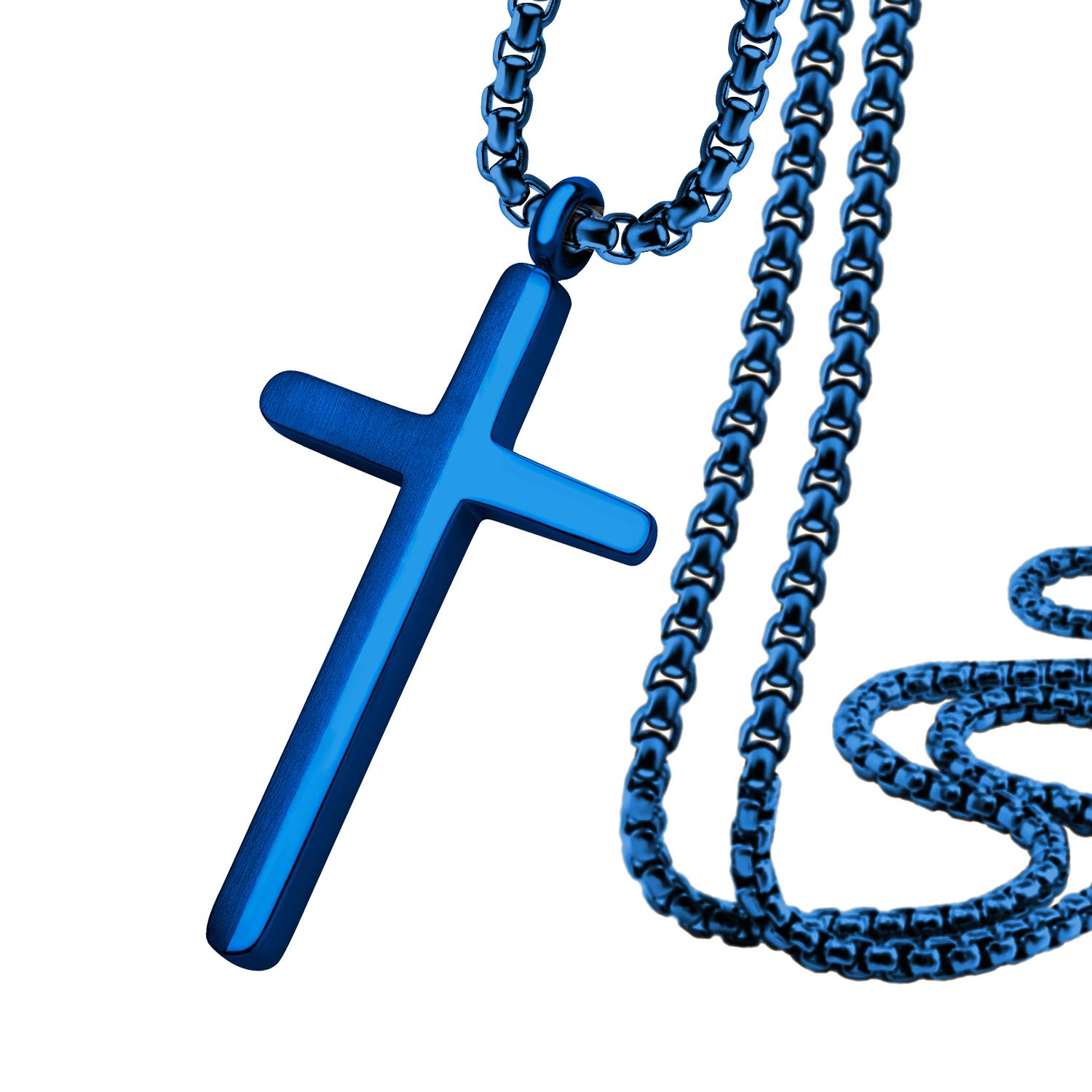 555Jewelry Stainless Steel Cross Necklace for Men, Box Link Chain, Cross Pendant for Men, Chain Necklace for Men, Cross Chain for Men, 20 Inch Chain, Blue