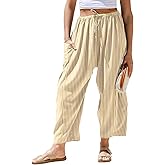 TARSE Womens Wide Leg Striped Plaid Pants Casual Barrel Loose Drawstring Low Waist Palazzo Harem Pants with Pockets
