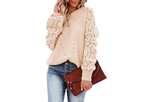SHEWIN Women's Casual Long Sleeve Crewneck Crochet Sweater Lightweight Knit Pullover Sweaters Tops