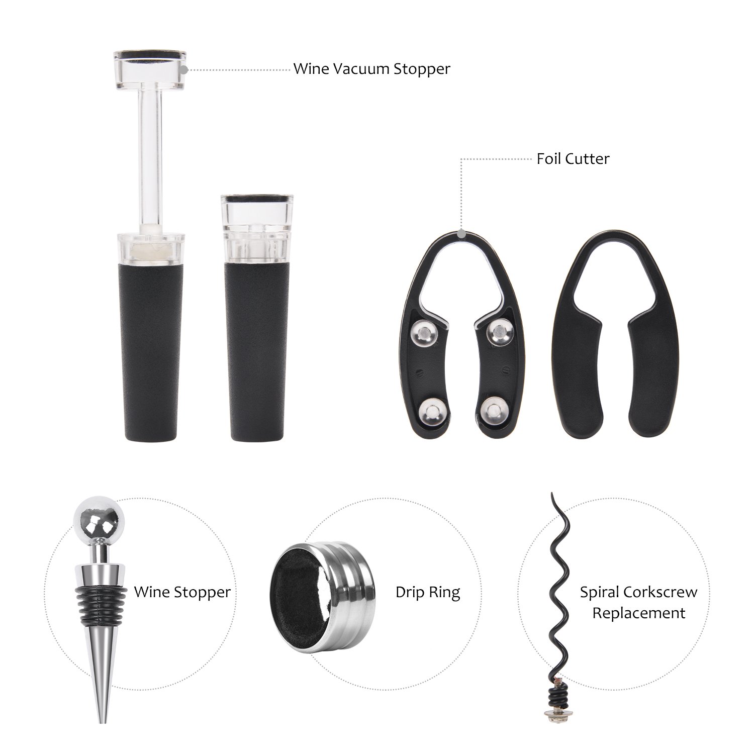 Wine Opener Corkscrew Set, 7 Pieces Wine Bottle Accessories Gift Kit, Rabbit Screwpull, Wine Stopper, Pourer, Foil Cutter and Extra Screw In Deluxe Leather Box by Kato, Free Drink Marker Stickers