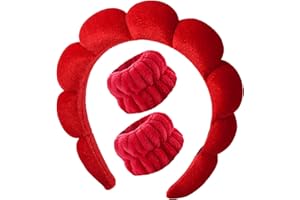 Luckybear Spa Headband for Washing Face, Velvet Makeup Headband, Bubble Skincare Headbands with Face Wash Wristbands, Sponge Puffy Headband for Women Skin Care - Red