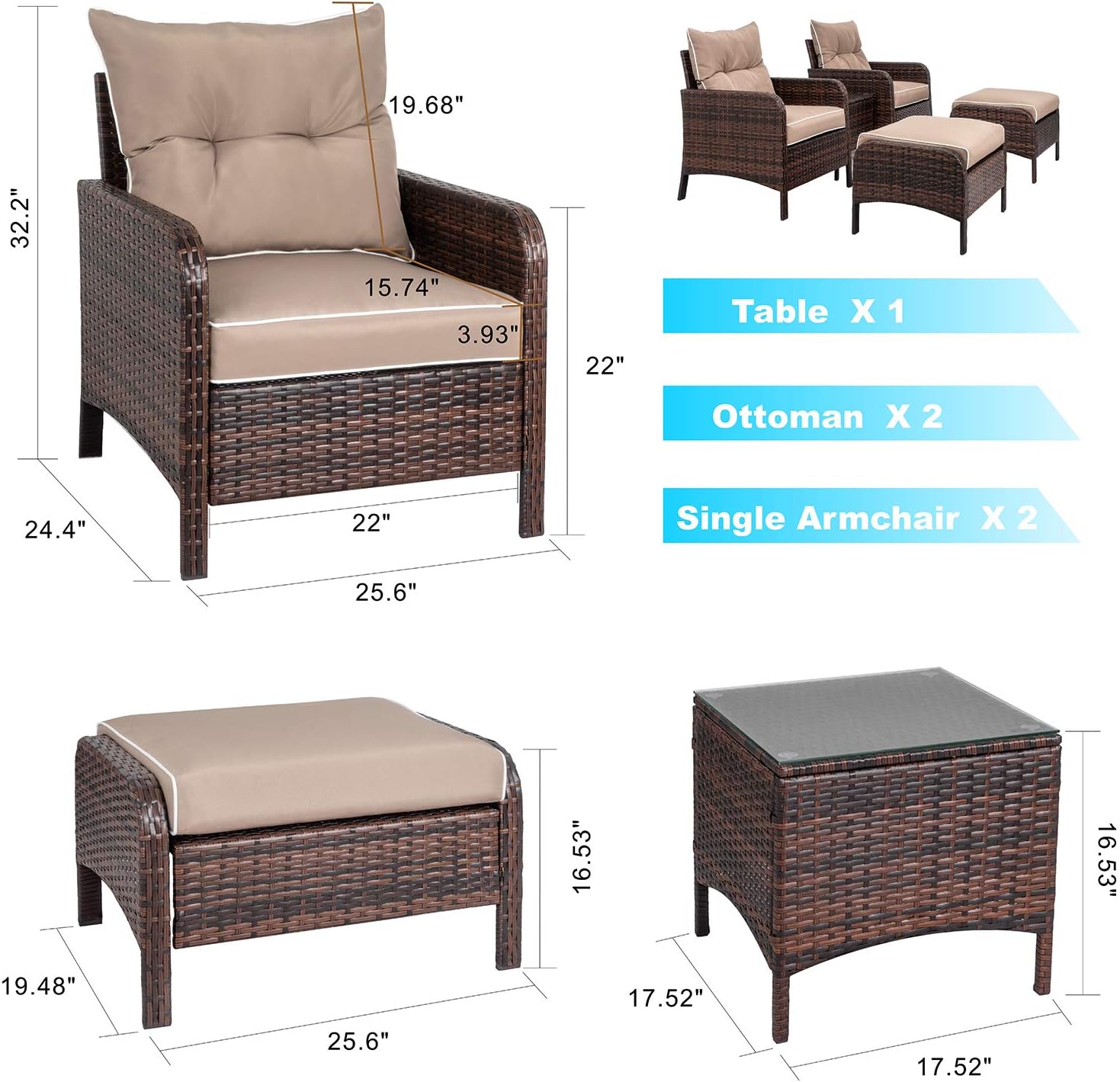 Shintenchi TK5, patio-conversation-sets, With Arm, Khaki : Garden & Outdoor