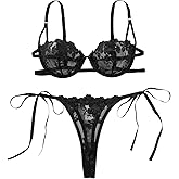 Lilosy Sexy Tie Side Cute Underwire Push Up Strappy Embroidered Mesh Sheer Lingerie Set