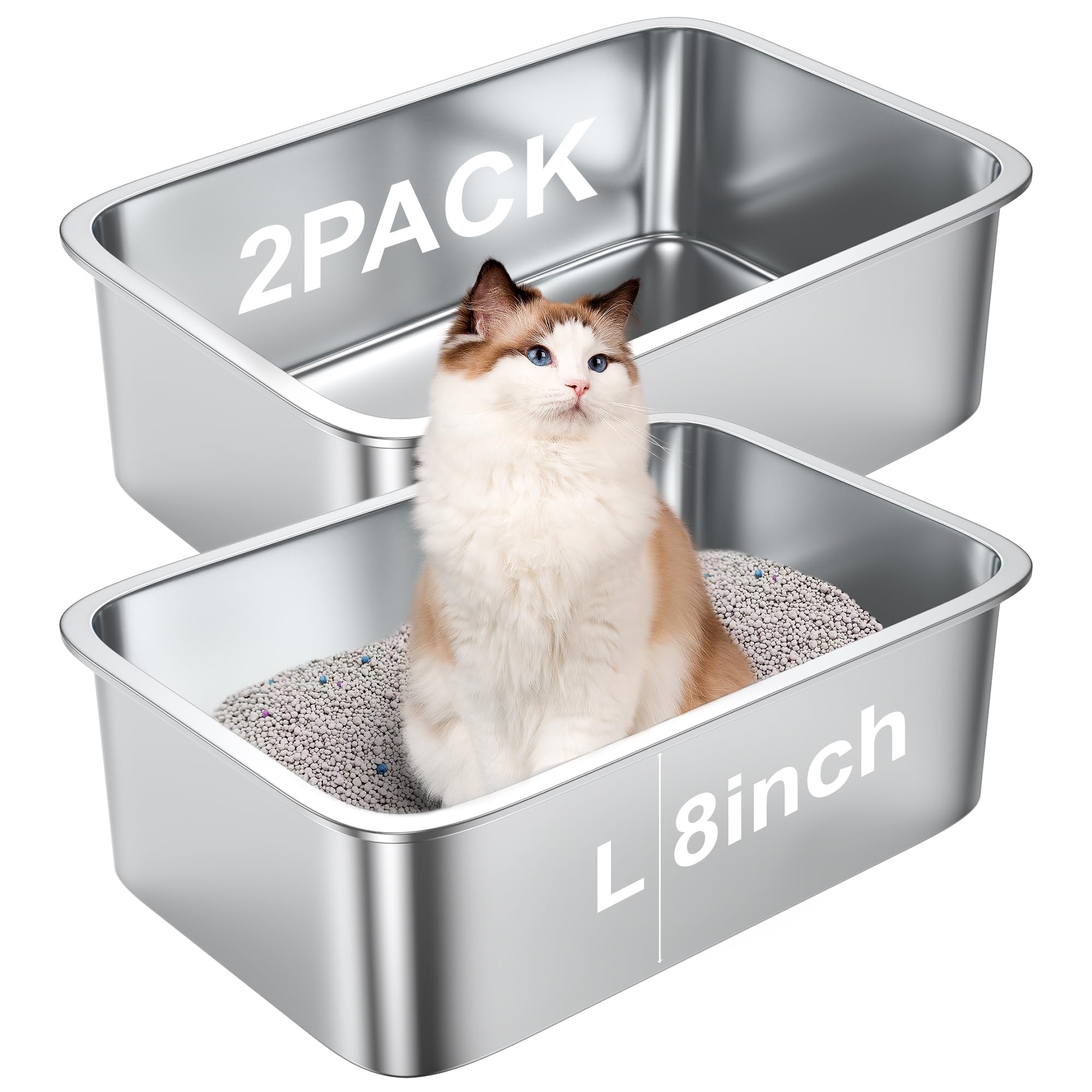 Photo 1 of 2 Pack 8" Deep Large Litter Box Stainless Steel Cat Litter Box Metal Litter Box Easy to Clean,Non-Stick Kitty Litter Box,Suitable for Indoor and Outdoor Pet Cats (2-Large)