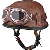 Yesmotor Motorcycle Half Helmet Retro German Handmade Leather Half Face Quick Release Buckle &amp; Goggles - DOT Approved (Dark Brown, XL)