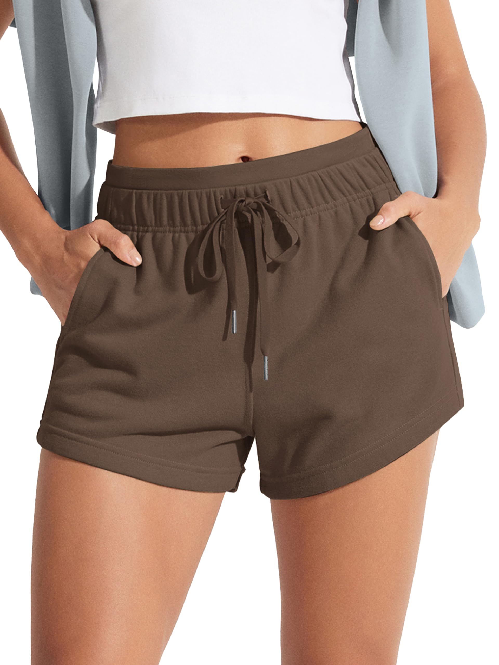 Photo 1 of ODODOS Women's Sweat Shorts with Pockets Cotton French Terry Drawstring Summer Workout Casual Lounge Shorts, Coffee, X-Small