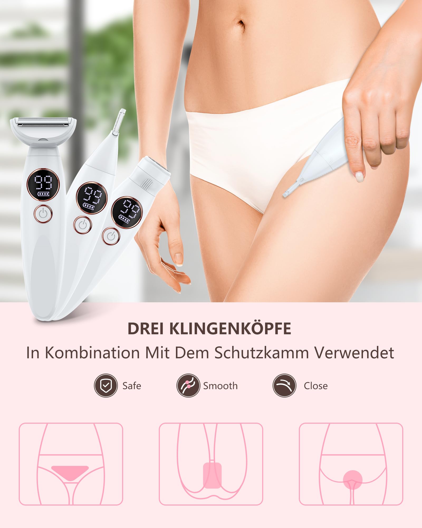 Rasierer Damen,3-In-1 Intimrasierer für Frauen,Gesichtshaarentferner für Frauen,Damenrasierer Elektrisch Nass-Trockenrasierer Ipx7 Wasserdicht Trimmer Damen,für Bikinizone Achseln Beine,USB-Aufladung 4