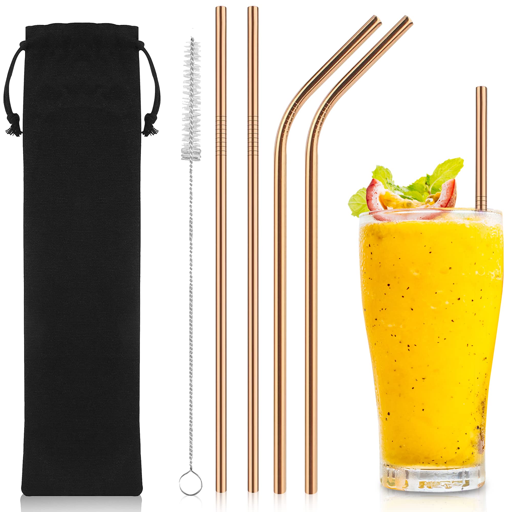 iShop Reusable Stainless Steel Straws Set of 4 Rose Gold – Metal Drinking Straws with Cleaning Brush & Velvet Pouch – Dishwasher Safe, BPA-Free, Perfect for Smoothies, Iced Coffee, Juice & Cocktails