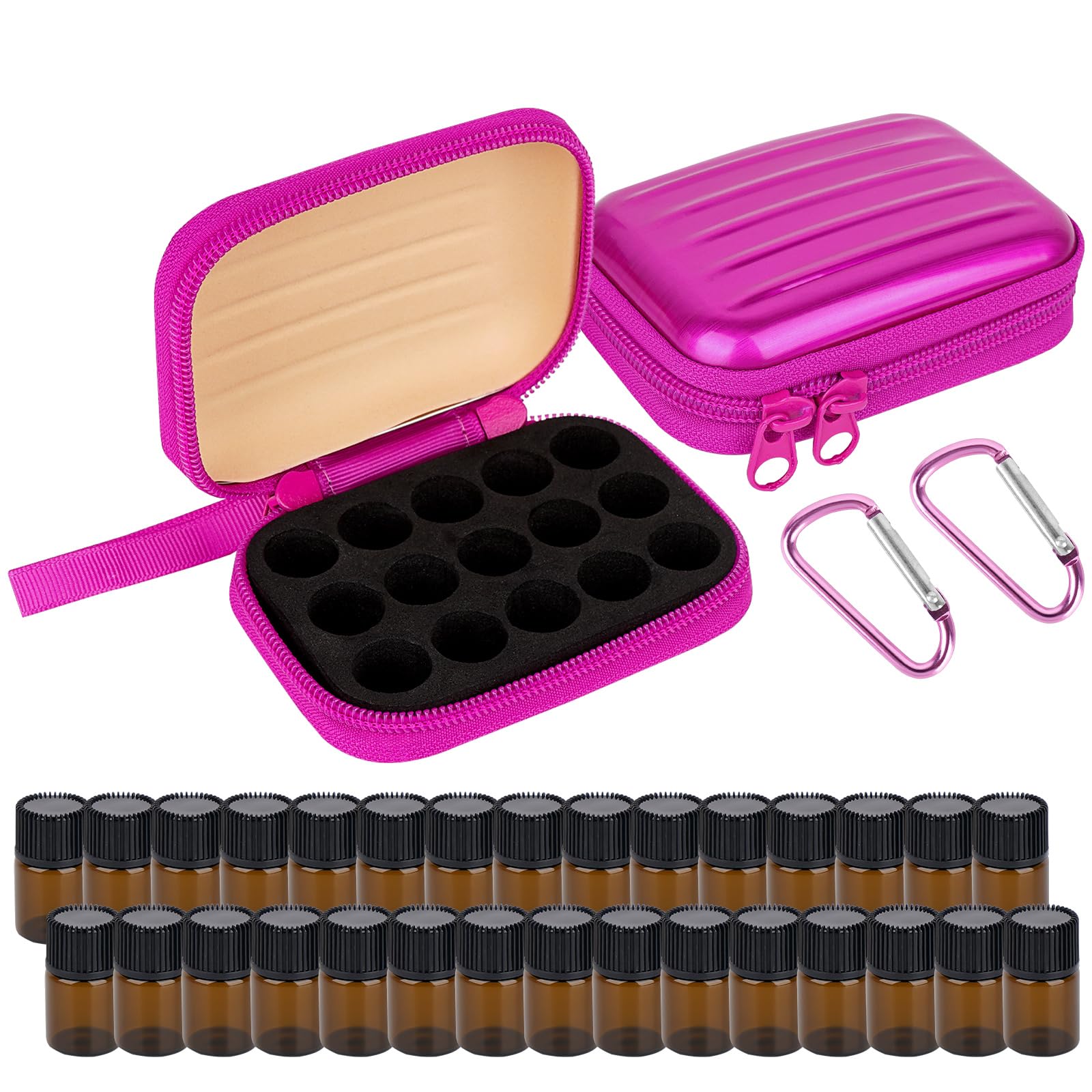 Photo 1 of Biiange 2Pcs Mini Essential Oil Bottle Case with 30 Empty 2ml Vials, Travel Storage Organizer Box for Essential Oils, Compact Aromatherapy Holder for Home, Travel & Outdoor Use (15 Slots, Rose Red)