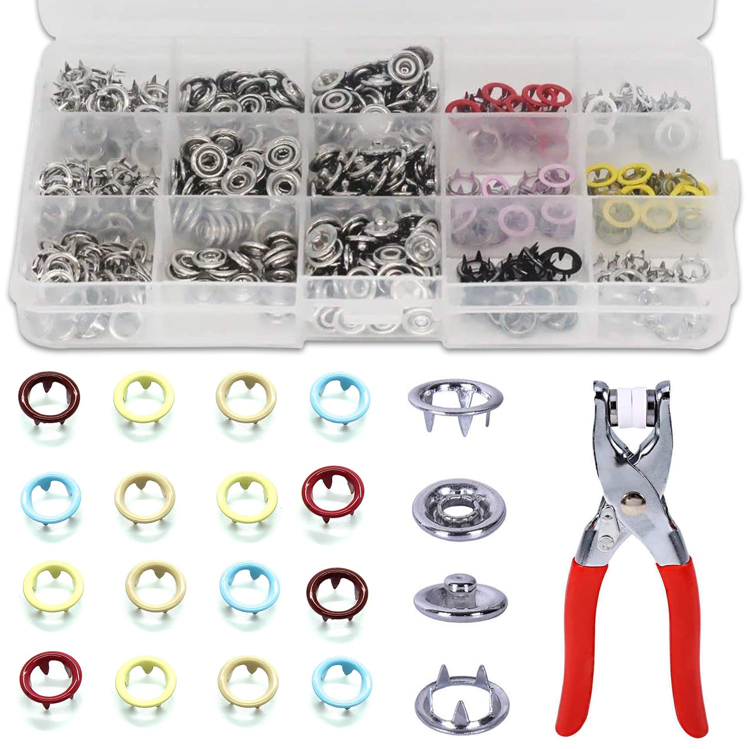 WedDecor 100Pcs Hollow Snap Fasteners with Hand Press Metal Plier Setting Tool Kit, Heavy Duty Studs Ring Prong Snap Buttons for Baby Bibs Clothing Crafting Sewing DIY Project (Mix Colour, 9.5mm)
