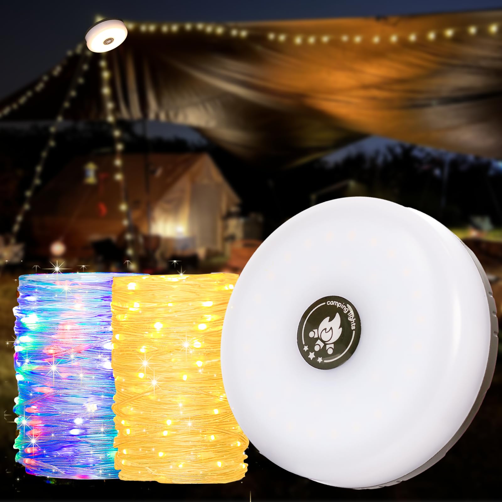 Camping String Lights,32.8ft 10M RGB Warm Light Outdoor Light Strip with 8 Modes,IP44 Waterproof,Portable USB Powered Fairy Lights,LED String Flasher Lights for Camping,Hiking and Yard Decor