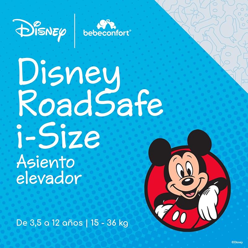 Disney RoadSafe i-Size, Asiento Elevador Coche Respaldo, 3,5-12 años (100-150 cm), Silla Coche Mickey Mouse, Instalación Cinturón Seguridad, 14 Posiciones Reposacabezas, Authentic Mickey