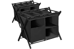 Heybly Luggage Rack with Laundry Bag,Pack of 2,Steel Folding Suitcase Stand with Storage Shelf for Bedroom, Hotel, Foldable Steel Frame, Black,HLR006B2