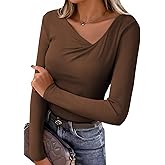 EVALESS Women's Long Sleeve Asymmetrical Neck Ruched Slim Fit Shirts 2026 Spring Fashion Casual Tee Going Out Tops