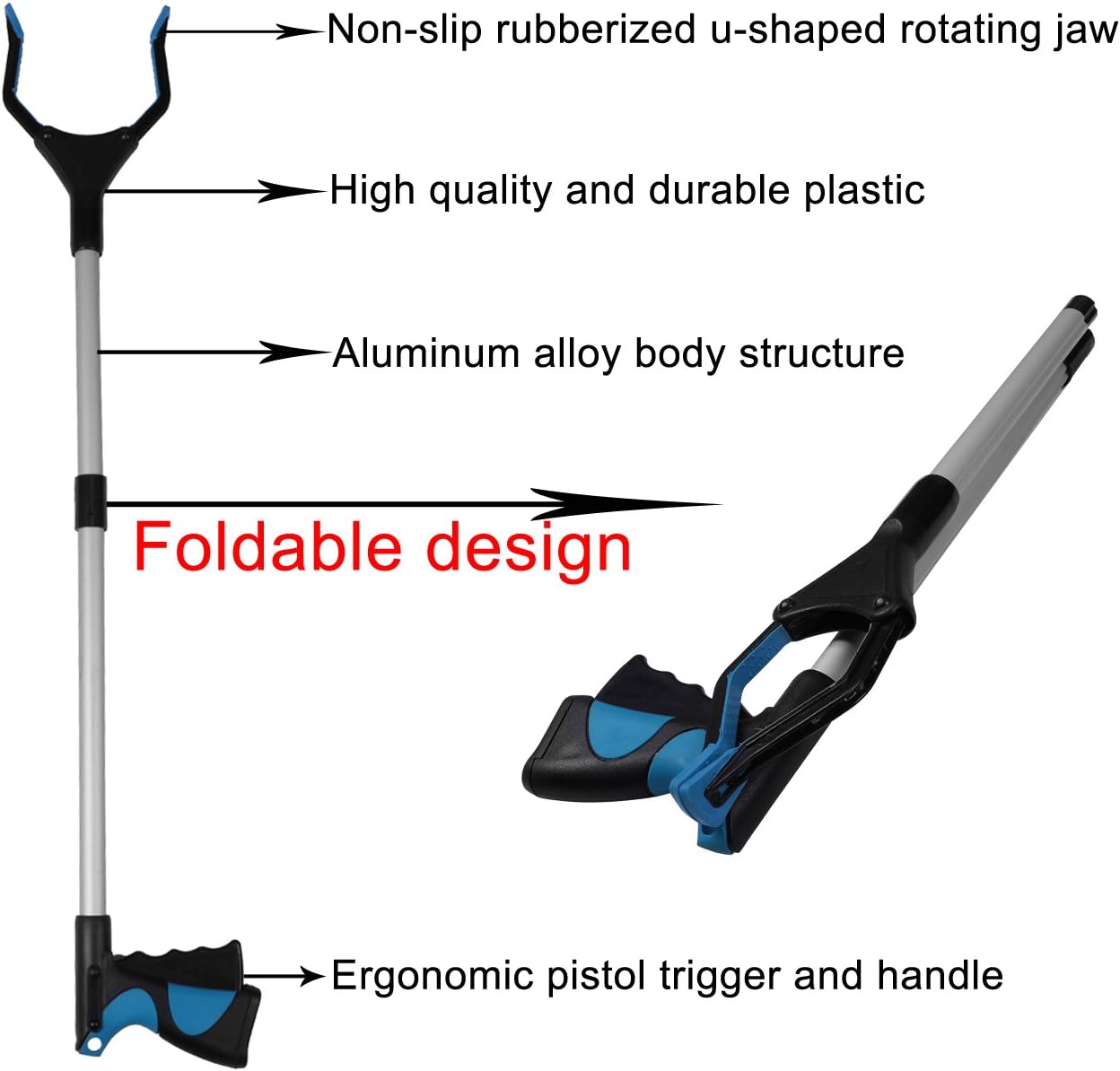 DesignerBox 2 Pack Reacher Grabber Tool, Upgraded Foldable Reaching Aid Reacher Tool Long Arm 360° Rotating Jaw Reaching Claw Hand Grabber Trash Pickup Tool, 32'' (2 Pack-Blue) - Image 4
