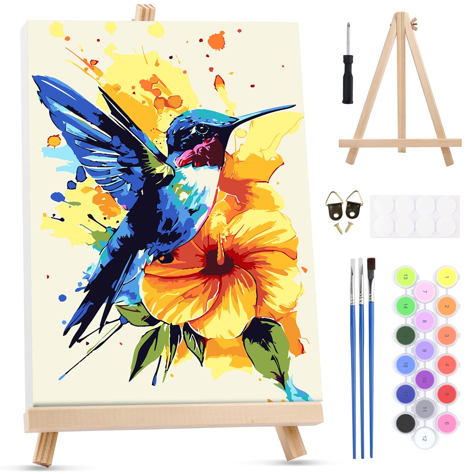 MXJSUA Hummingbird Flower Paint by Numbers Kit with Frame for Adults, Easy Beginners Paint by Number on Canvas with Easel, Acrylic Number Painting Craft Gifts for Home Decor, 20x30cm