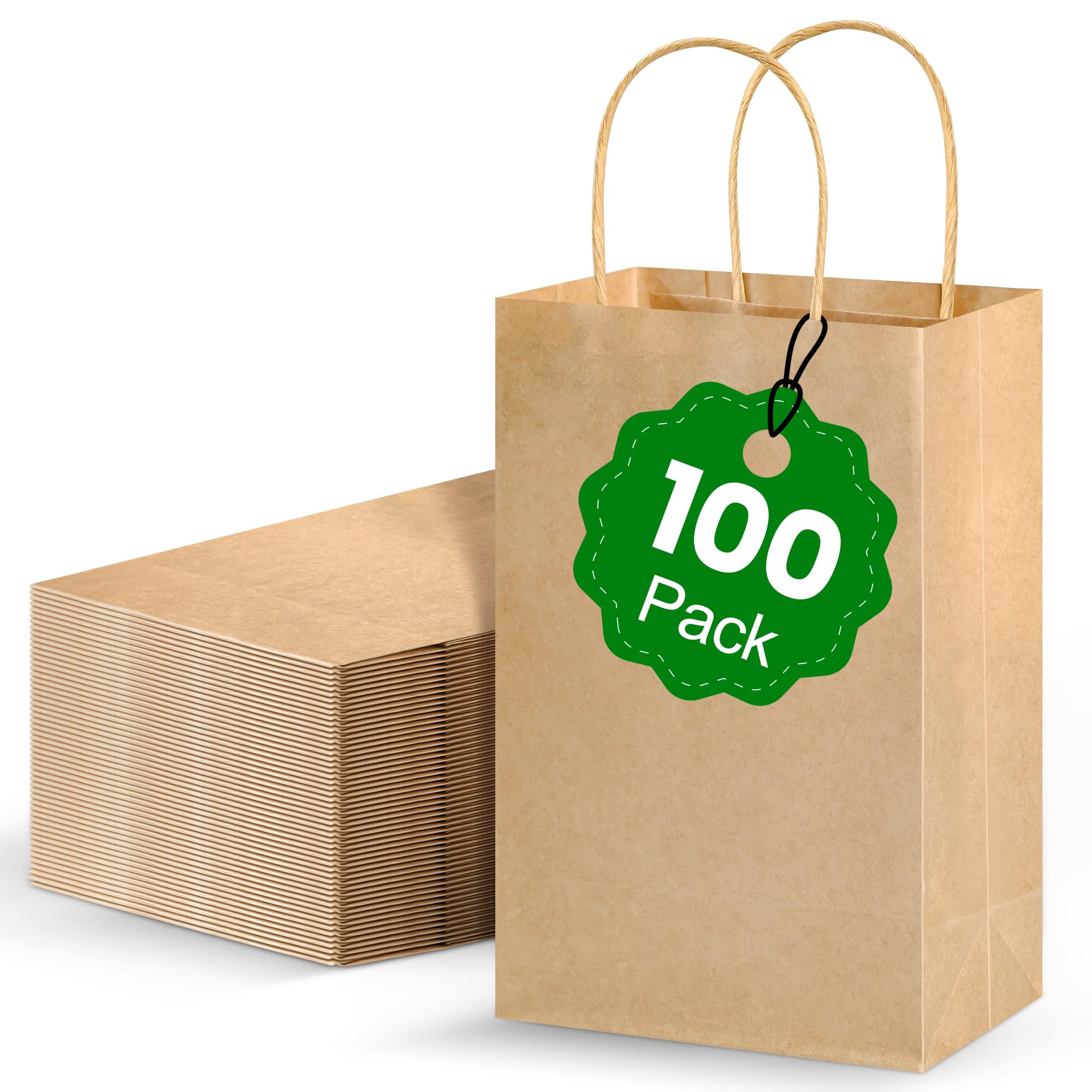 Photo 1 of 100 Pack Paper Gift Bags with Handles – Small Brown Recyclable Shopping Bags 5.5x3.15x7.87 inch – Heavy Duty 5lbs Capacity for Parties, Retail, Weddings, Baby Showers, Birthdays, Small Business Packaging (Brown)