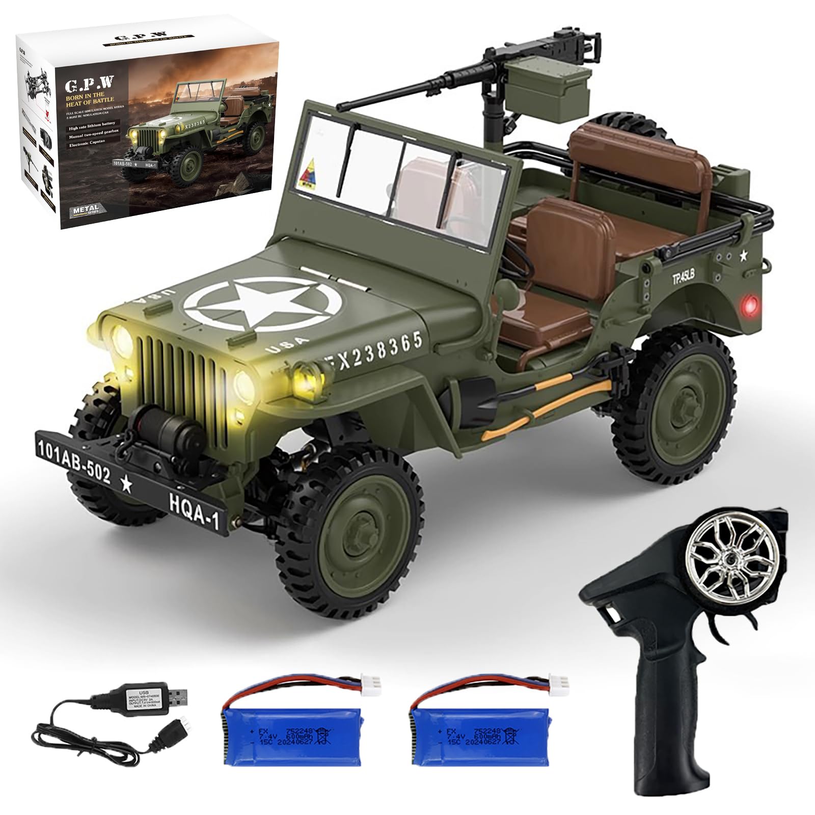 Hylukon 1:14 Scale Military Remote Control Car RC Crawler, 2.4G 4WD Off-Road Jeep RC Truck with LED Lights and Sound Effects, Rock Climbing Vehicle for Teens Adults (Green 2 Batteries)