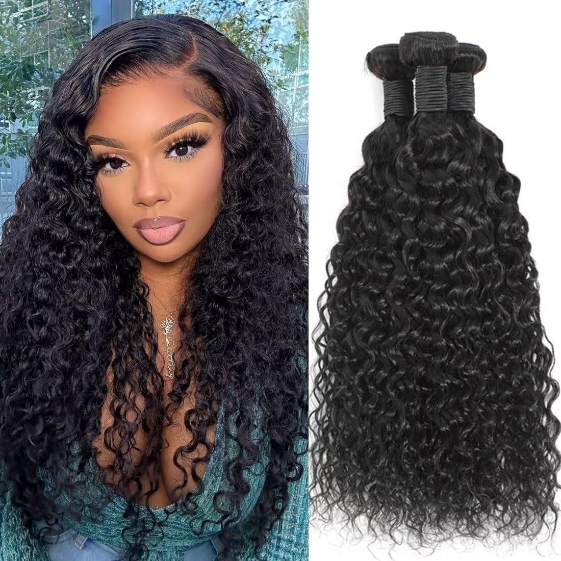 Water Wave Human Hair Bundles 12 14 16 Inch 12A 100% Unprocessed Brazilian Virgin Hair Curly Bundles Human Hair Can be Dyed Wet and Wavy 3 bundles Curly Weave Bundles Natural Black Color